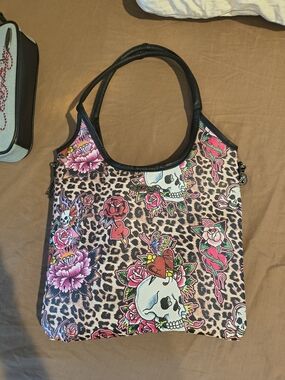 Ed Hardy Floral Skull Leopard Tote Bag - Pink